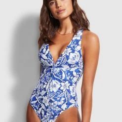 Seafolly Ladies Modern Marina Plunge One Piece - Marina Blue