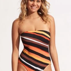 Seafolly Ladies Sun Stripe DD Bandeau One Piece - Black