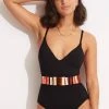 Seafolly Ladies Sun Stripe One Piece With Belt - Black