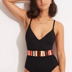 Seafolly Ladies Sun Stripe One Piece With Belt - Black