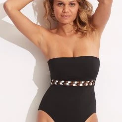 Seafolly Ladies Sun Stripe DD Bandeau One Piece - Black
