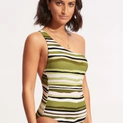 Seafolly Ladies Sun Stripe One Shoulder One Piece - Avocado -Seafolly shop 11054 947 Avocado 3