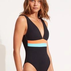 Seafolly Ladies Slice Of Splice Deep V Neck One Piece - Black -Seafolly shop 11067 990 Black 3