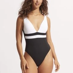 Seafolly Ladies Slice Of Splice Deep V Neck One Piece - White
