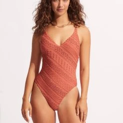 Seafolly Ladies Marrakesh V Neck One Piece - Cinnamon