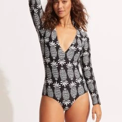 Seafolly Ladies Corsica V Neck Long Sleeve Surfsuit - Black