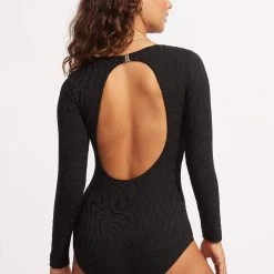 Seafolly Ladies Second Wave V Neck Long Sleeve Surfsuit - Black -Seafolly shop 11074 968 Black 4