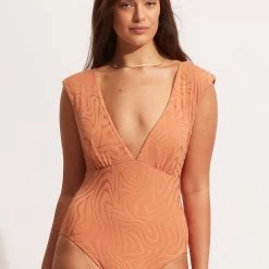 Seafolly Ladies Second Wave V Neck One Piece - Copper Tan