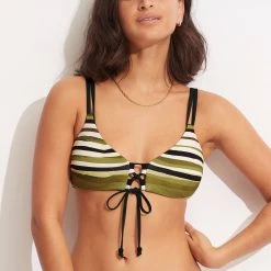 Seafolly Ladies Sun Stripe Reversible Bralette - Avocado