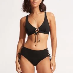 Seafolly Ladies Sun Stripe Wide Side Lace Up Retro - Black