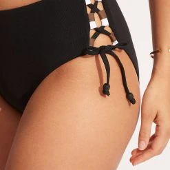 Seafolly Ladies Sun Stripe Wide Side Lace Up Retro - Black -Seafolly shop 40685 947 Black 6