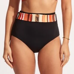 Seafolly Ladies Sun Stripe High Waisted Pant With Belt - Black -Seafolly shop 40686 947 Black 3