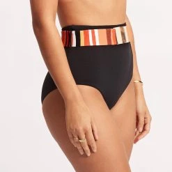 Seafolly Ladies Sun Stripe High Waisted Pant With Belt - Black -Seafolly shop 40686 947 Black 4