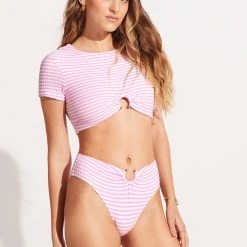 Seafolly Ladies Sorrento Stripe High Waisted Bikini Bottom - Parfait Pink -Seafolly shop 40720 027 ParfaitPnk 5