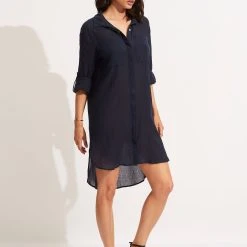 Seafolly Ladies Crinkle Twill Beach Shirt - Indigo 10 Seafolly Ladies Crinkle Twill Beach Shirt - Indigo -Seafolly shop 53108 CU Indigo 3