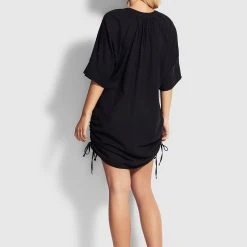 Seafolly Ladies Crinkle Cotton Cover Up - Black -Seafolly shop 53868 CU Black 3