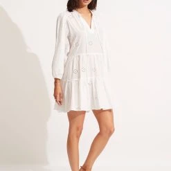 Seafolly Ladies Embroidery Tiered Dress - White 9 Seafolly Ladies Embroidery Tiered Dress - White -Seafolly shop 54155 DR White 3