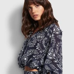 Seafolly Ladies Folklore Crop Shirt - True Navy -Seafolly shop 54614 TO True 20Navy 3