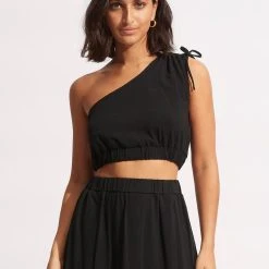 Seafolly Ladies Jersey One Shoulder Crop Top - Black -Seafolly shop 54665 TO Black 3