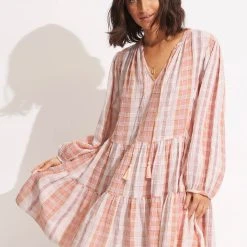 Seafolly Ladies Textured Gingham Tiered Dress- Lilac