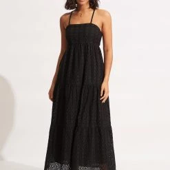 Seafolly Ladies Broderie Anglaise Tiered Maxi Dress - Black -Seafolly shop 54713 DR Black 2