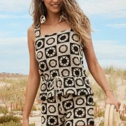 Seafolly Ladies Crochet Drawstring Top - Black/Natural