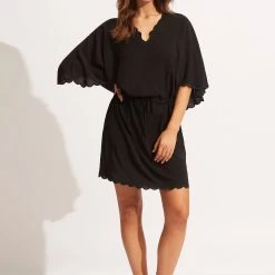Seafolly Ladies Gia Scallop Kaftan - Black