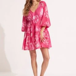 Seafolly Ladies Tie Dye Tier Mini Dress - Rose Pink