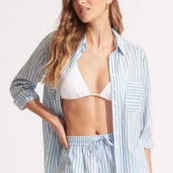 Seafolly Ladies Stripe Beach Shirt - Powder Blue