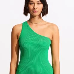 Seafolly Ladies Sea Skin Rib One Shoulder Top - Green