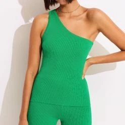 Seafolly Ladies Sea Skin Rib One Shoulder Top - Green -Seafolly shop 55108 KN Green 8