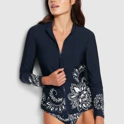 Seafolly Ladies Folklore Long Sleeve Sunvest - True Navy