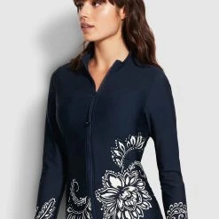 Seafolly Ladies Folklore Long Sleeve Sunvest - True Navy -Seafolly shop 60203 933 True 20Navy 4