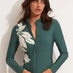 Seafolly Ladies Fleur De Bloom Long Sleeve Sunvest - Evergreen
