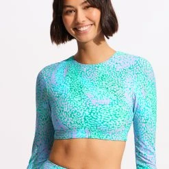 Seafolly Ladies Sea Skin Long Sleeve Crop Rashie - Vivid Green